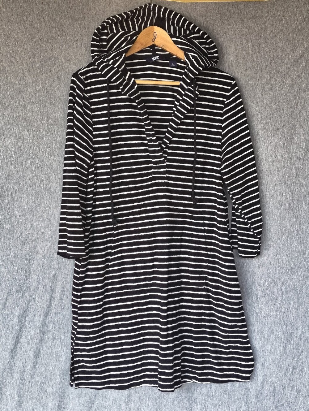Lands’ End Striped Hooded Drawstring Swim Cover‑Up – Black/White – Size S – NWT